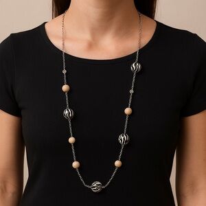 Zebra Bead Necklace vintage 42” long silvertone chain wood crystal beads